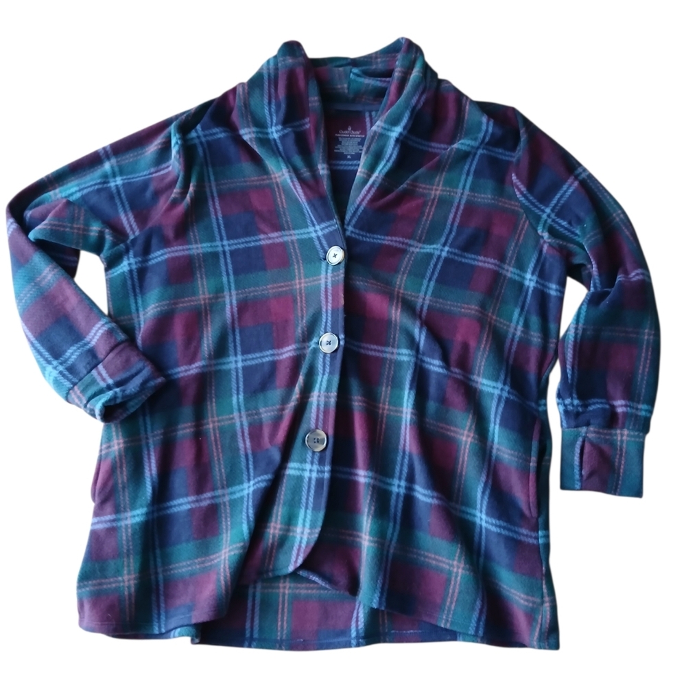 Cuddl Duds Women's Size XL Purple And Green Fleecewear Plaid Cardigan
